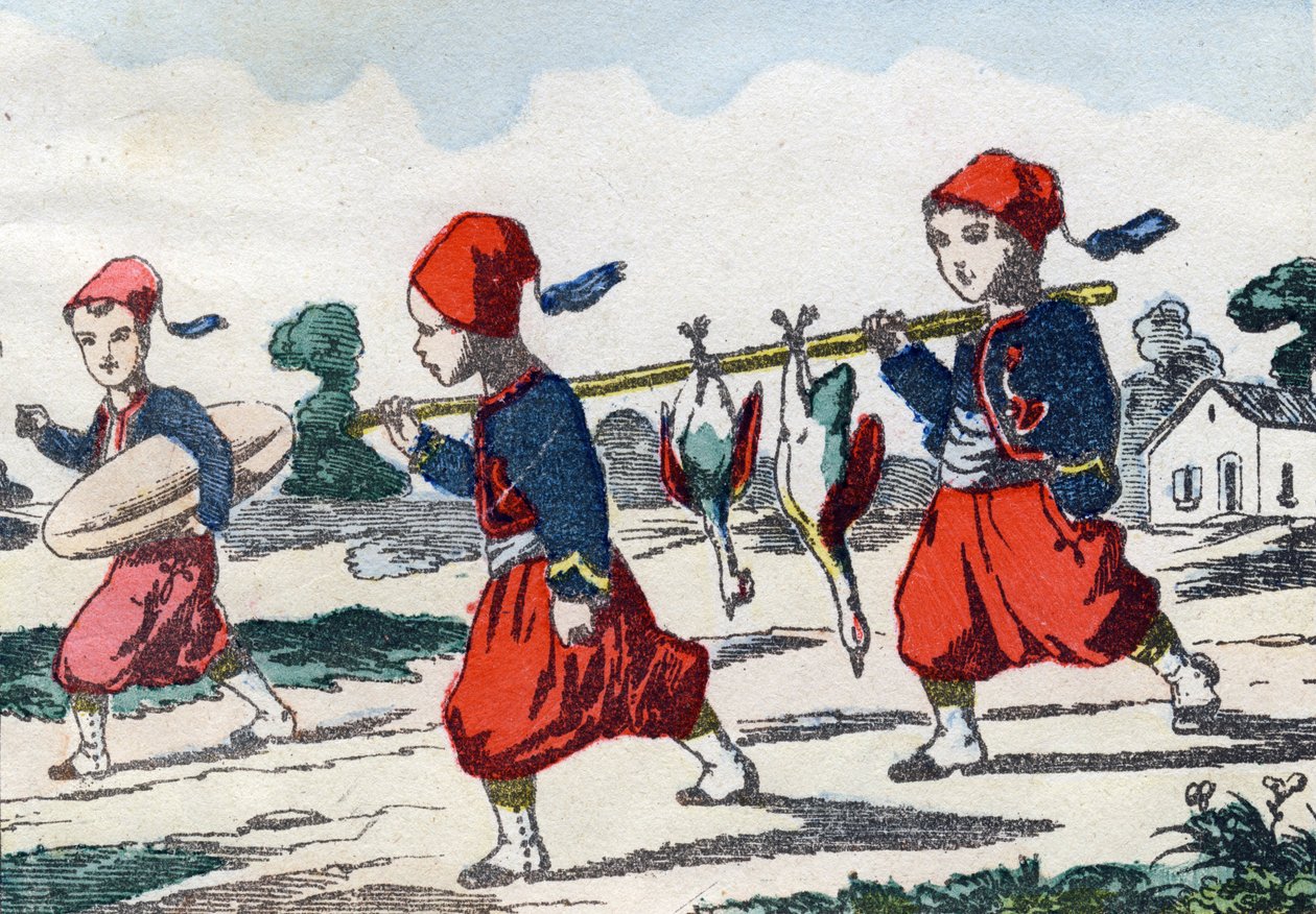 游荡者。 刻在“幼稚的军事字母表”中。 Pont-a-Mousson 的图像，大约 1890 年。20 页。 尺寸：28.5x21cm 作者 不明
