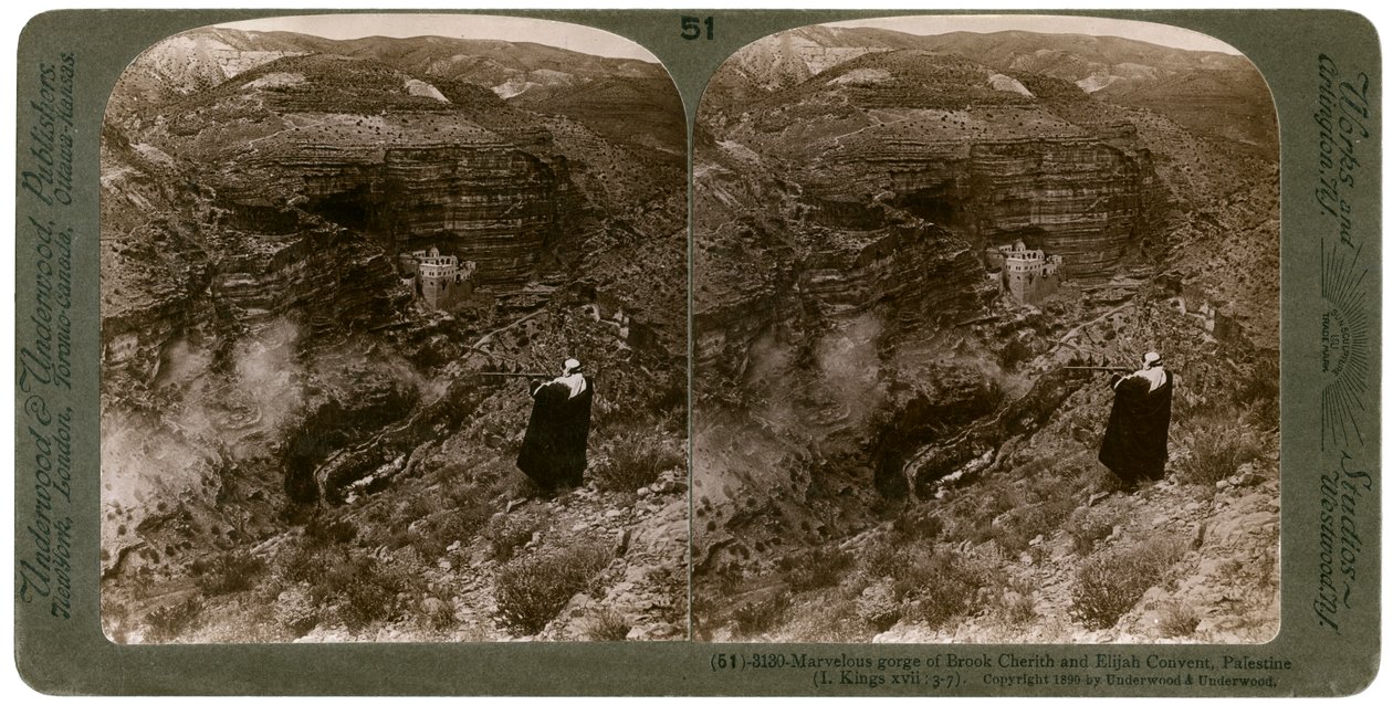 巴勒斯坦的布鲁克·切里斯（Brook Cherith）和伊莱贾修道院（Elijah Convent）峡谷，1890年。 作者 安德伍德和安德伍德