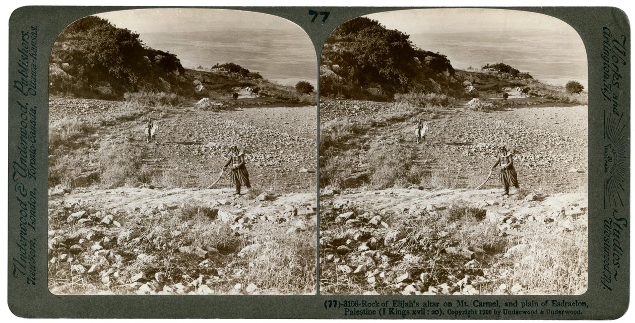 1900年，在卡梅尔山上以利亚祭坛的岩石和巴勒斯坦埃斯德拉隆的平原。 作者 安德伍德和安德伍德