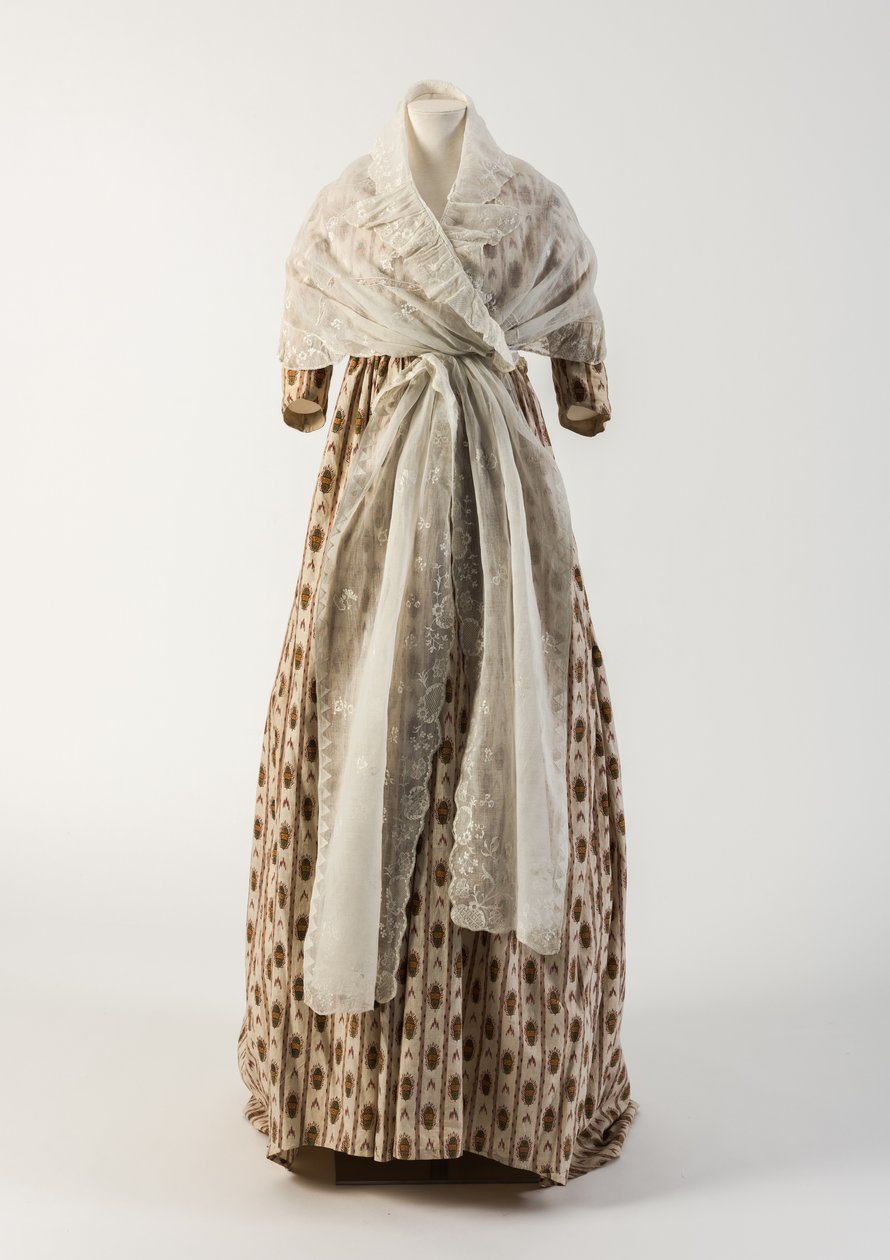 红色和绿色印花棉质礼服，1790年代（棉） 作者 未知未知