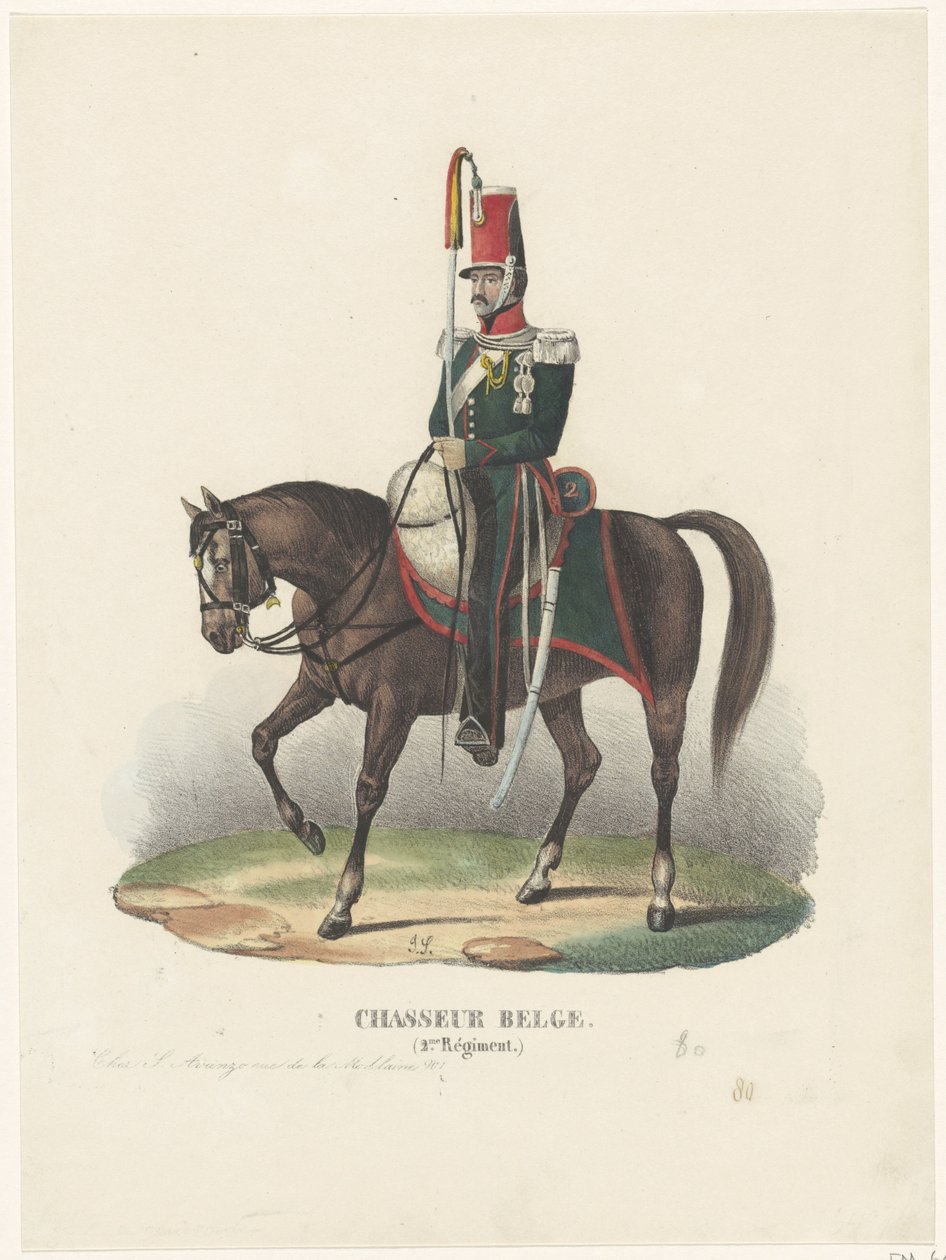 比利时志愿猎人，1830 年
Chasseur Belge (2.me Régiment)（物品上的标题） 作者 不明