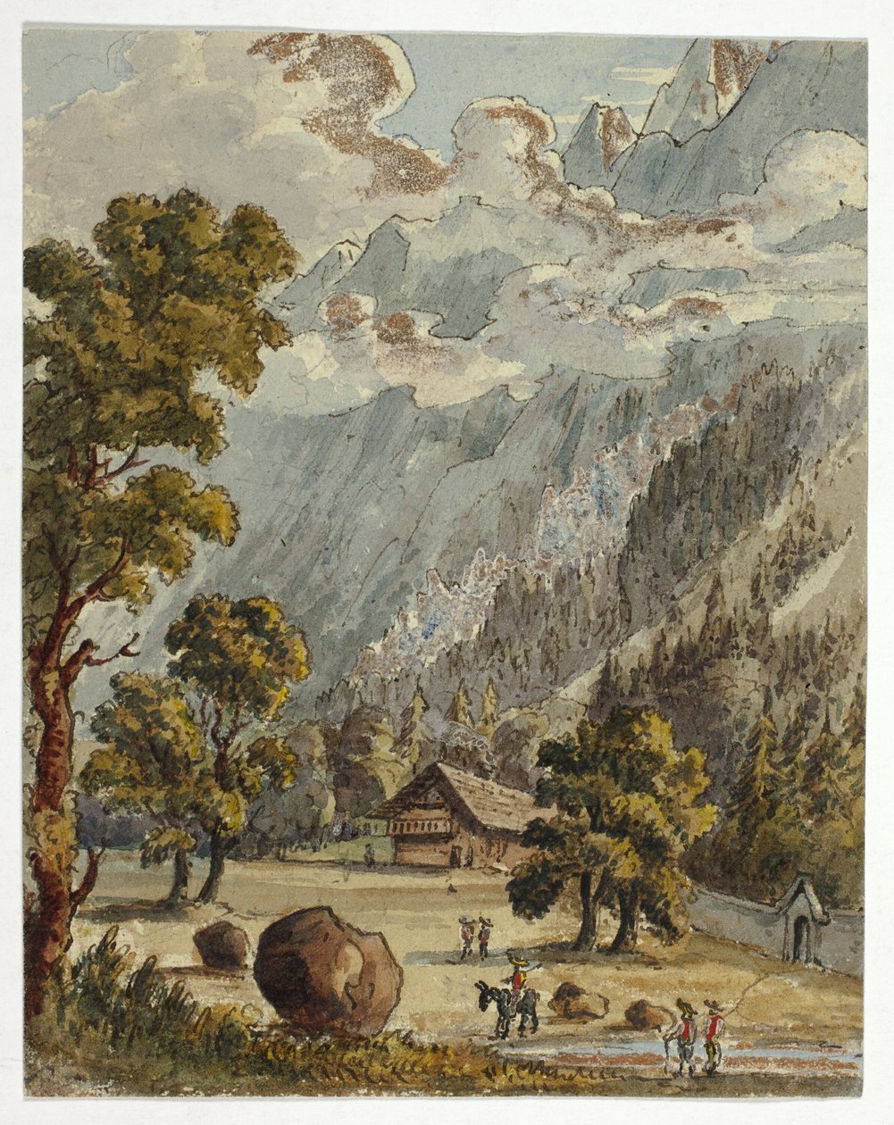 阿尔卑斯山下的小木屋和花园（正面）；夏米的布瓦松村庄和冰川（背面） 作者 不明