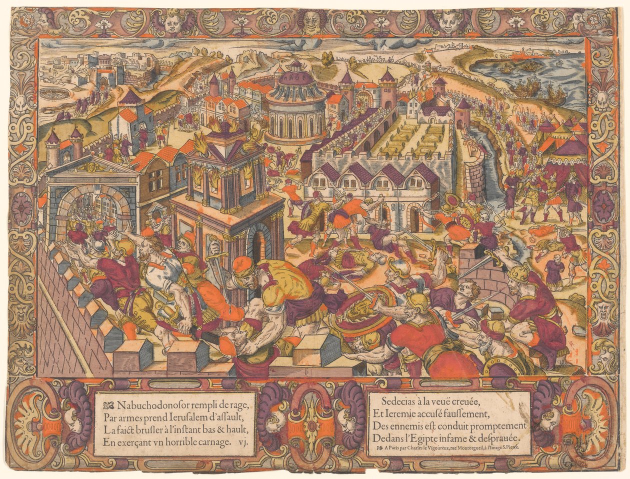 Jerusalem est prise & brulee, le Roy Sedecias a les yeux crevez.Et Jeremie est mene en Babilone.(耶路撒冷被攻占并烧毁；塞琉西王被挖去双眼。耶利米被带到巴比伦。耶利米书 39-43），第 6 期，《耶利米的故事 作者 不明