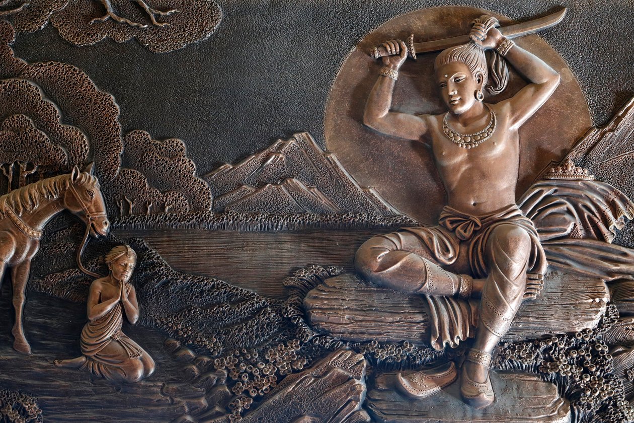 Linh Phong佛教寺庙，佛陀的生活，远离宫殿，Siddartha王子交换他的衣服为破布和削减他的长的头发，Dalat，越南 作者 不明