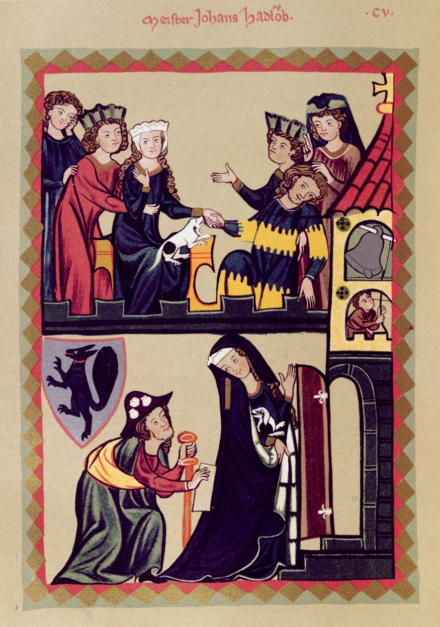 Meister Johannes Hadloub，来自Manesse Codex或Grosse Heidelberger Liederhandschrift传真的插图，在苏黎世制作c.1305-40 作者 不明