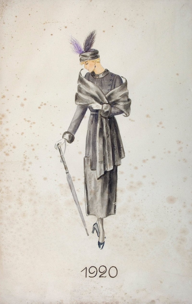 穿着大衣和带羽毛的帽子，拿着雨伞的模特，1920年 作者 不明