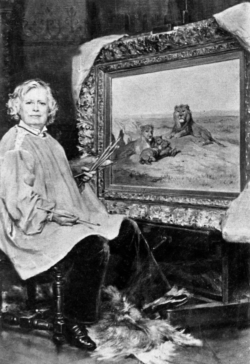 Rosa Bonheur（1822-1899）法国野生动物画家在她的一幅代表狮子的画布前面。 1875年 作者 不明