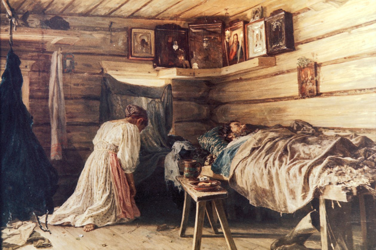 生病的丈夫画作由瓦西里马克西莫夫，1881年。 作者 不明