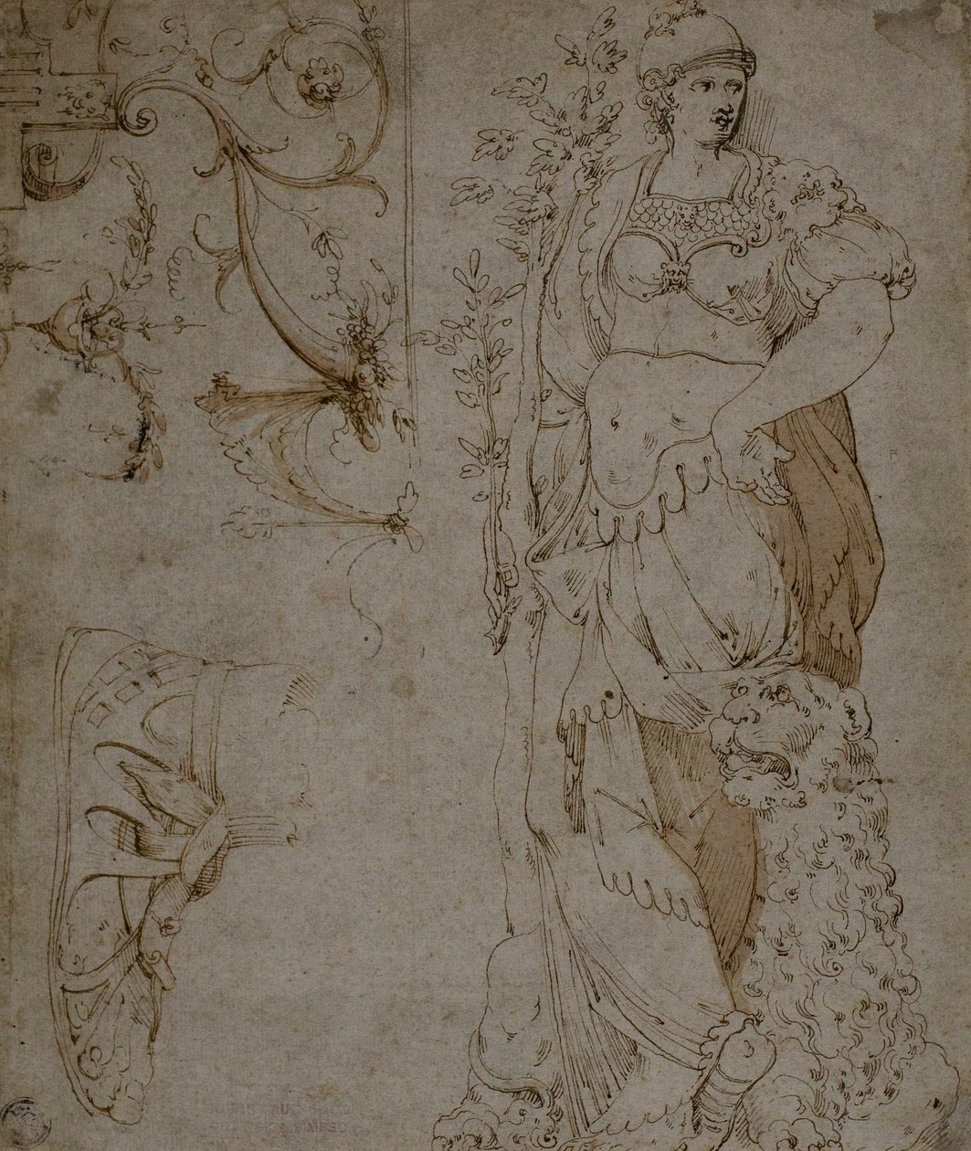 三幅素描：毅力、凉鞋和怪人（正面）；怪人素描和罗马铠甲（背面） 作者 不明