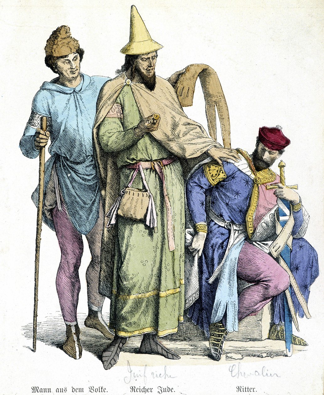 11th century costumes: rich Jew and knight - engraving 作者 未知艺术家