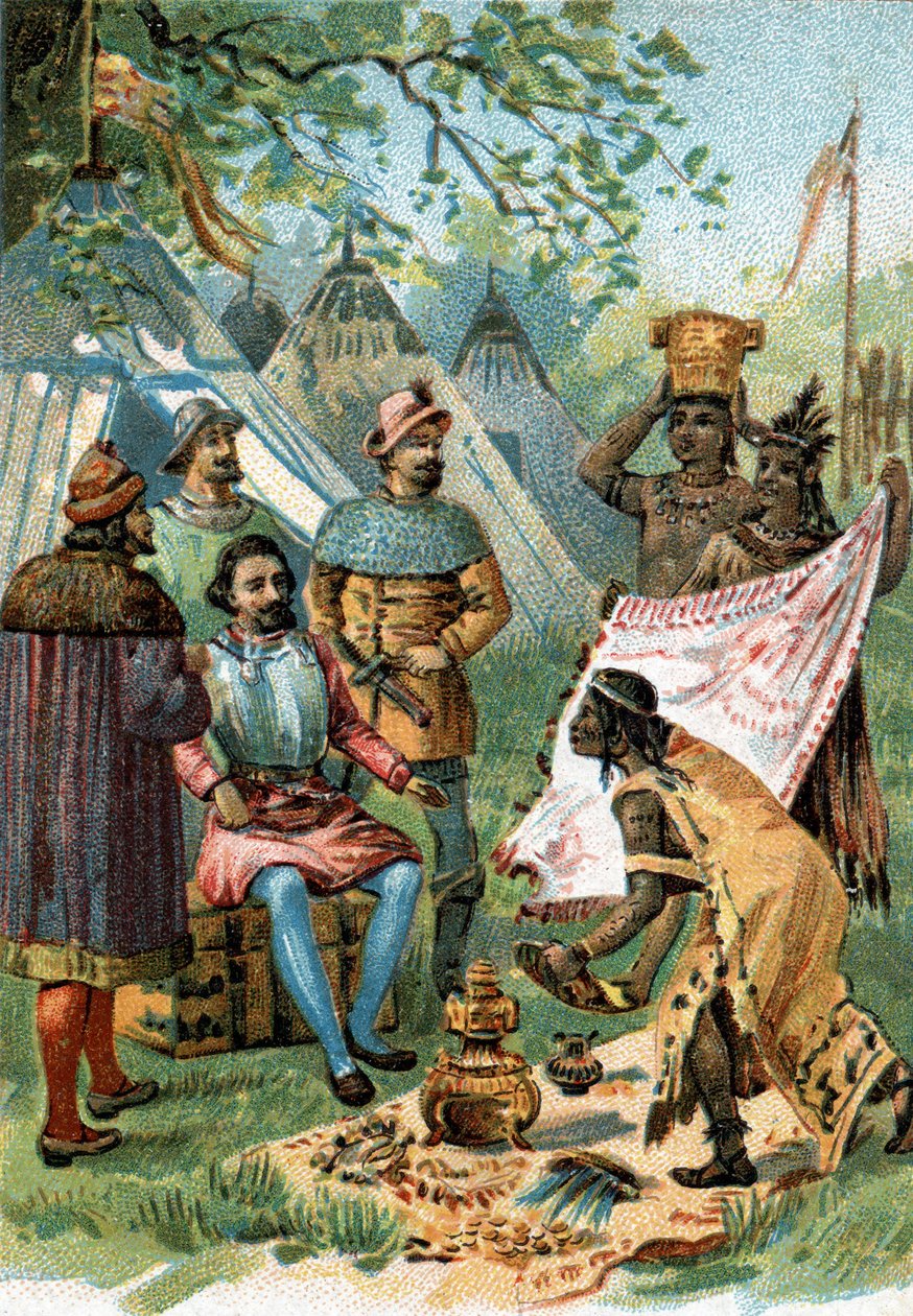 1518-1519年：费尔南德-科特兹前往征服墨西哥，收到了蒙特苏马皇帝的礼物。 作者 未知艺术家