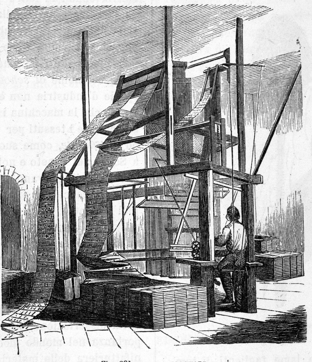 1801年提花织机。 19 世纪雕刻。 作者 未知艺术家