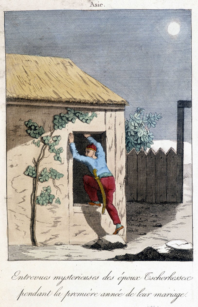 1811 年图表，显示了 Tscherkessen 的配偶在结婚第一年（亚洲）的神秘采访。 作者 未知艺术家