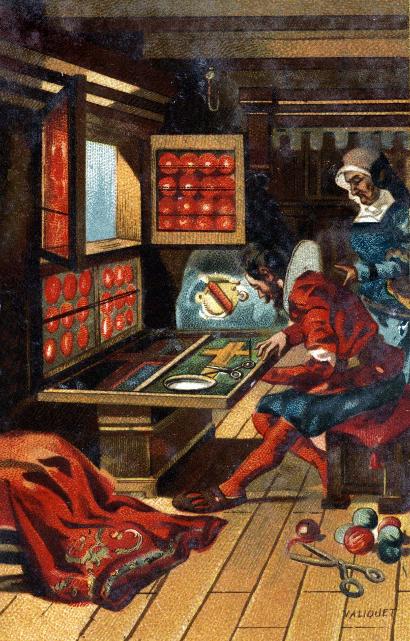 1546年，一个Chasublier（制作各种教堂服装的工人）。19世纪末的彩色石版画。 作者 未知艺术家