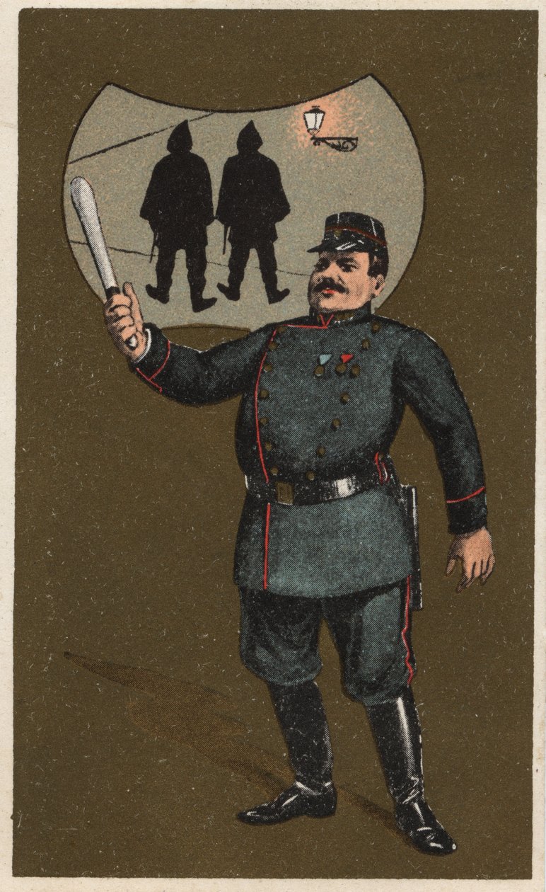 一个穿着制服的法国警察拿着他的警棍。匿名的色版画，19世纪末。 作者 未知艺术家
