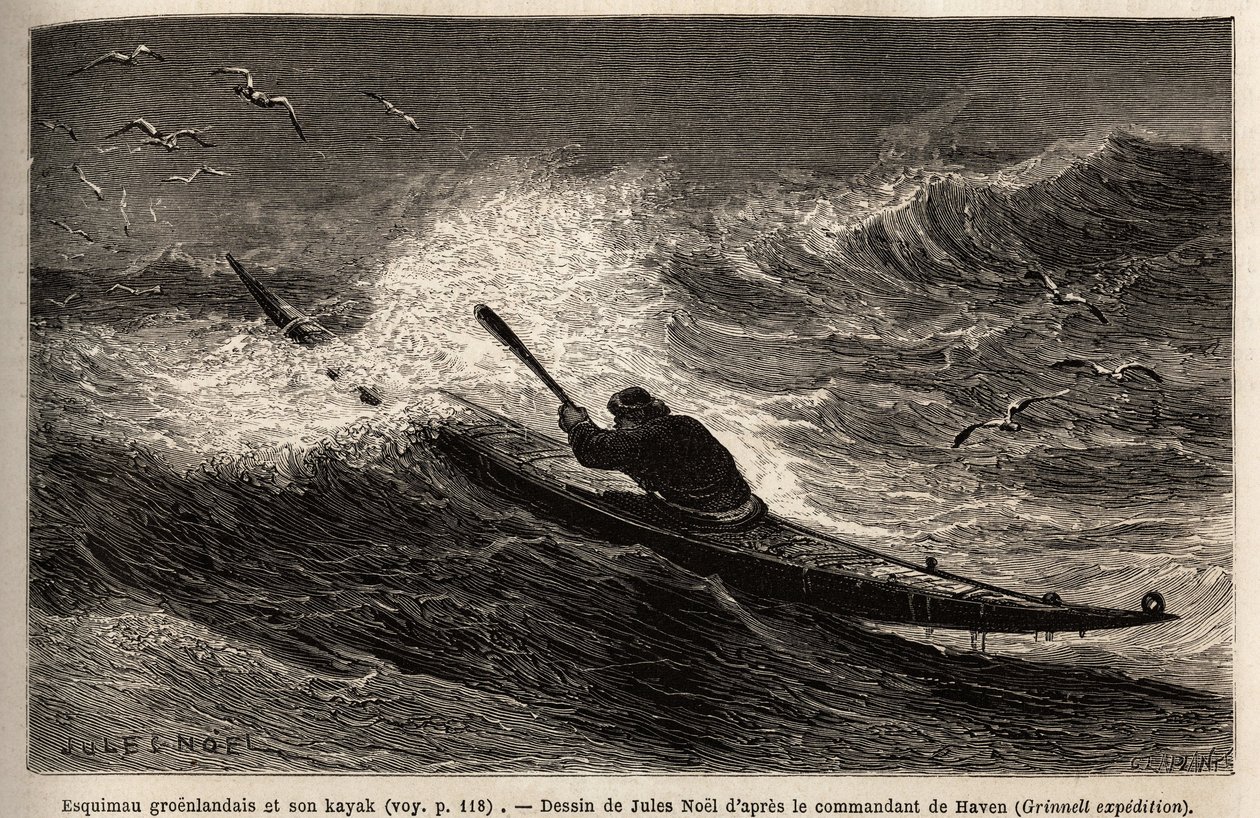 A Greenland kayak, passing the wave barrier. Engraving to illustrate the voyage to the free sea of the Arctic pole, by Doctor Hayes, surgeon of the United States Navy, in 1860-1862, published in “Le tour du monde, nouveau journal des voyages”, edited by Ed 作者 未知艺术家