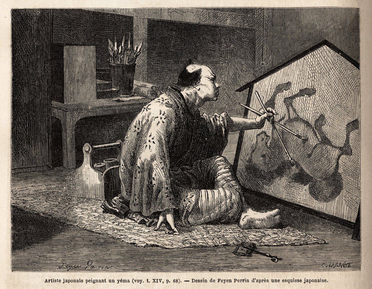一位日本艺术家在画一幅yema（传说中的马画）。1863-1864年，瑞士联邦部长艾梅-亨伯特在 "Le tour du monde, nouveau journal des voyages "中为前往日本的航行绘制的版画，该版画由瑞士联邦部长指导出版。 作者 未知艺术家