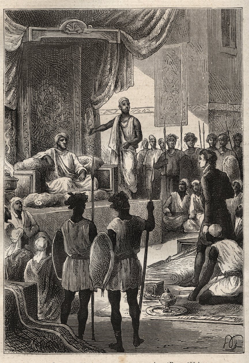 威廉-乔治-布朗（1768-1813）的《埃及和近东之旅》（1792-1795）。1793年，布朗在法希尔（苏丹的法希尔）会见了达尔富尔苏丹阿尔德-拉施曼（Abd-er-Rahman，又称El-Rachid或Just）--插图来自《伟大的》。 作者 未知艺术家