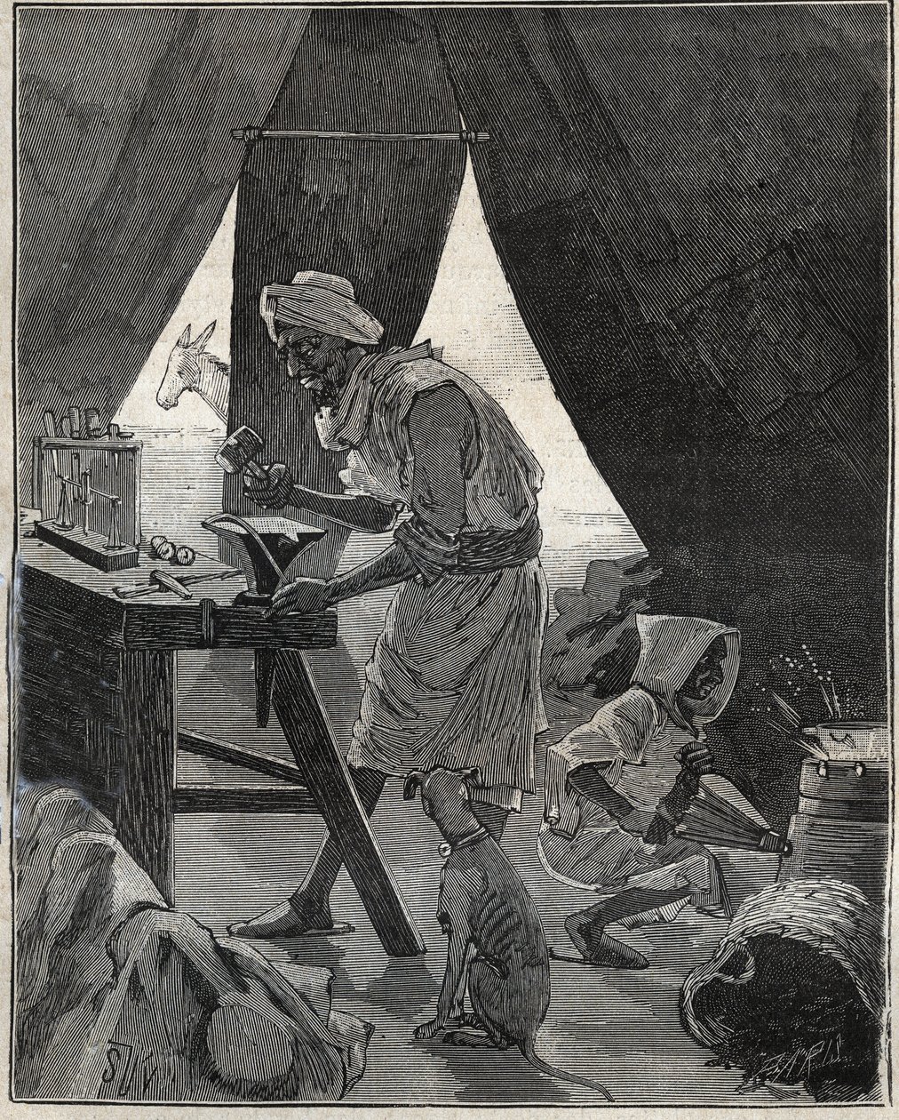 19世纪阿尔及利亚的一位卡比勒珠宝商。1885年阿道夫-比塔尔（Adolphe BITARD）在 "Les arts et metiers illustrstres "中的版画。 作者 未知艺术家