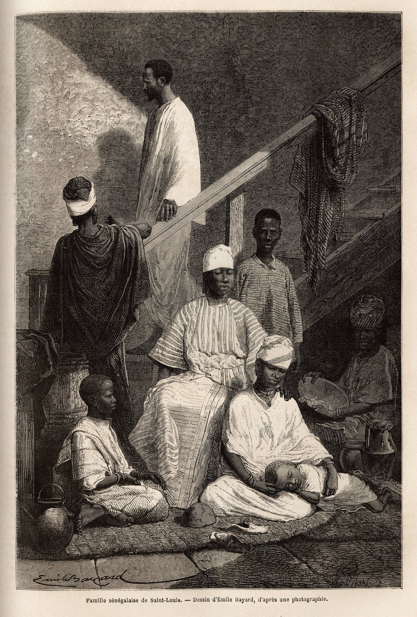 来自圣路易斯（Saint Louis）的一个塞内加尔家庭。为说明1868年海军中将Fleuriot de Langle在非洲海岸的巡航而绘制的版画，发表于1872年 "Le tour du monde"，由Edouard Charton编辑，巴黎Hachette出版社。塞尔瓦公司 作者 未知艺术家