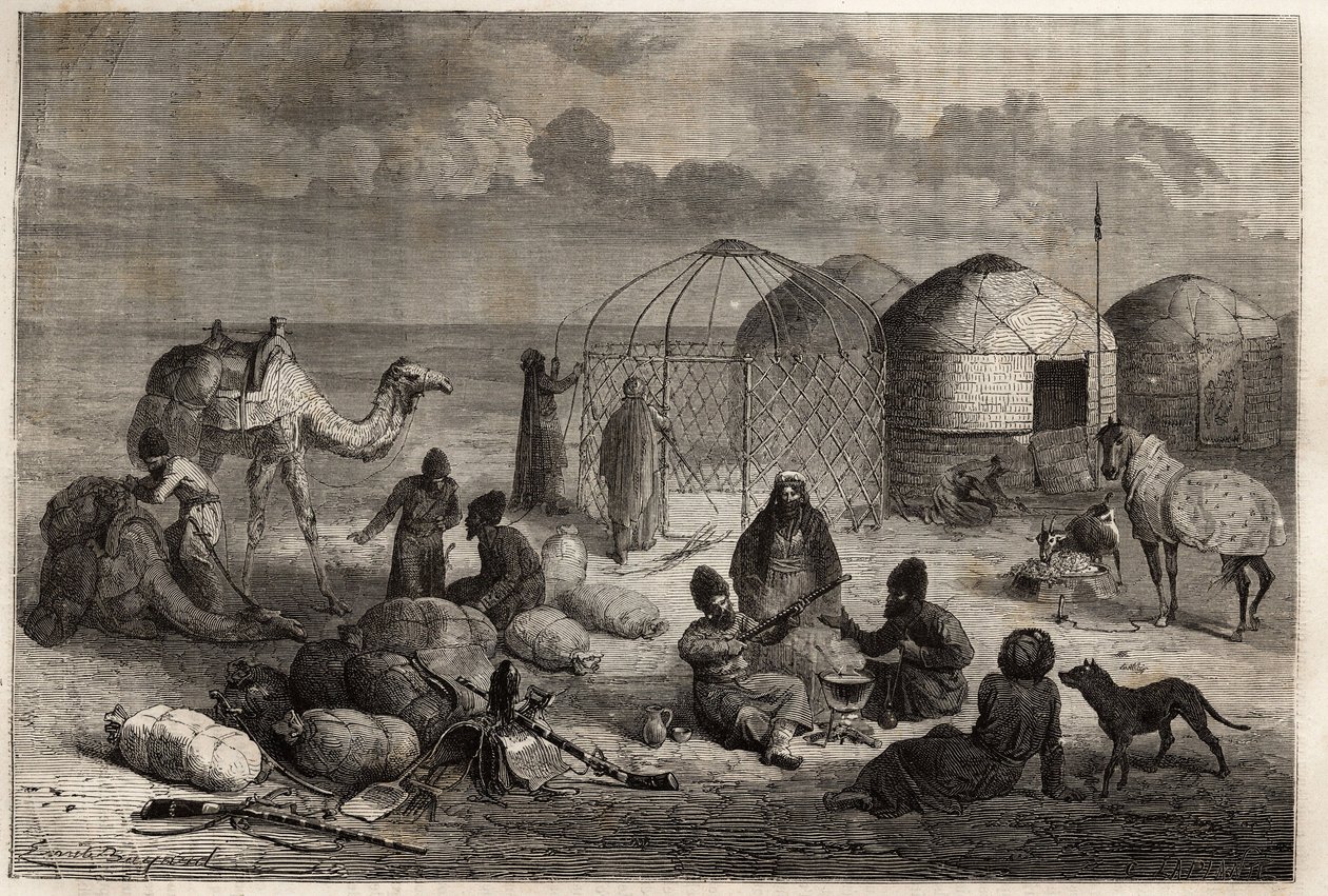 A Turcoman camp in the border area of Turkestan and Persia, each tent, made up of wooden trellis and covered with felt, houses a family. Engraving to illustrate the story of Henri de Blocqueville “14 mois de captivite chez les turcomans”” between 1860 and  作者 未知艺术家