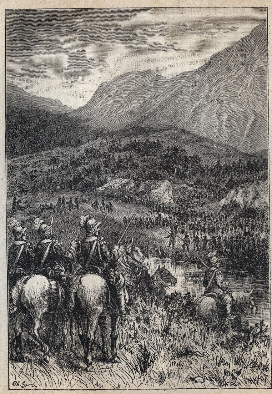 战场--19世纪为沃尔特-司各特（1771-1832）的历史小说《苏格兰的清教徒》（老朽）绘制的插图。 作者 未知艺术家
