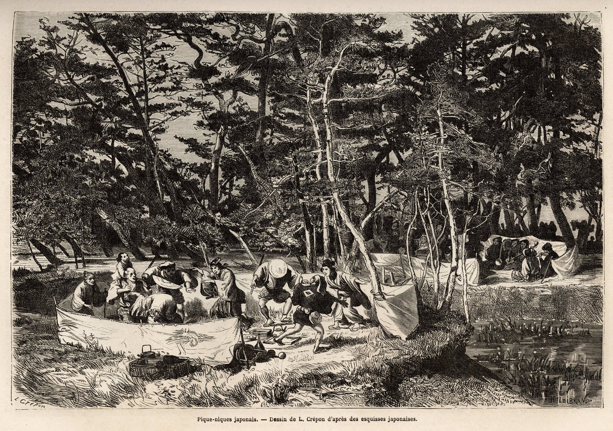 江户（今东京）郊区的资产阶级野餐（或野餐），在一个织物围栏内，客人，通常是两个家庭）分享他们的食物，并且经常适合音乐家、舞者和哑剧的场合。说明航行的雕版画ag 作者 未知艺术家