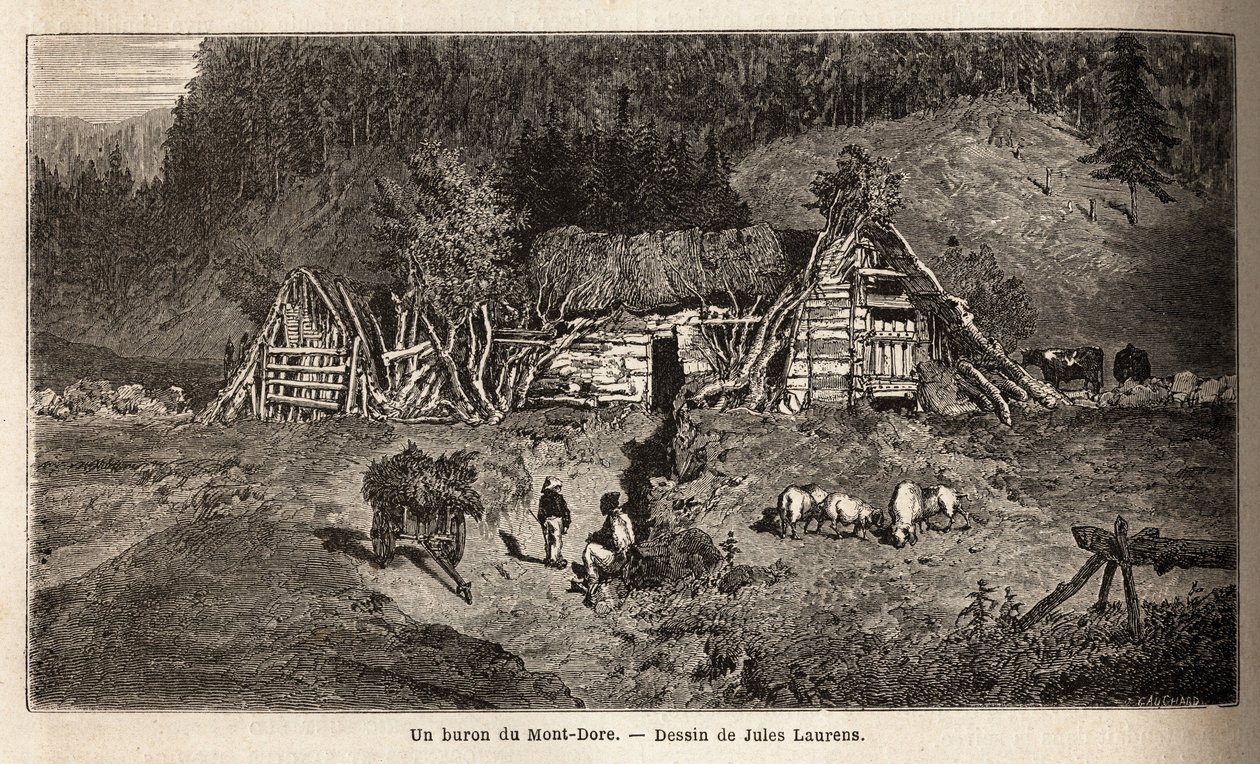 A buron of Mont-Dore (Mont Dore), a building located in the mountain pastures of central France, operates seasonally, used to make cheese from May to October and to house cows. Engraving to illustrate the voyage to the volcanoes of central France, in 1864, 作者 未知艺术家
