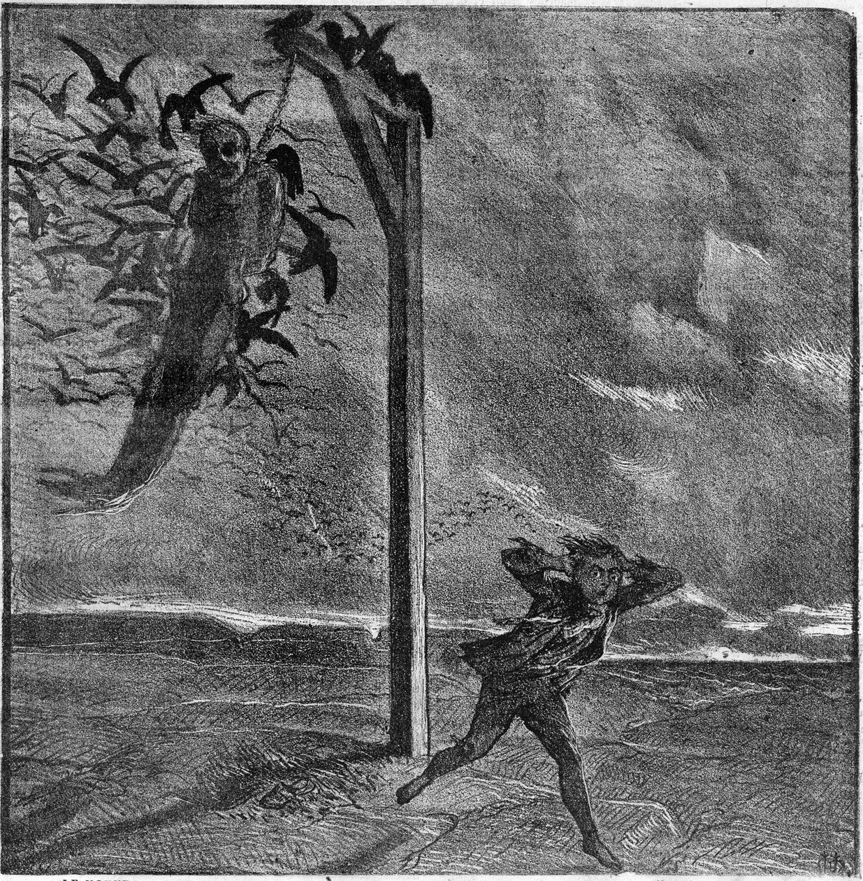 一个孩子被乌鸦吞噬的绞刑犯的景象吓坏了--维克多-雨果（1802-1885）的《笑的人》插图--《插图杂志》上的版画。 作者 未知艺术家