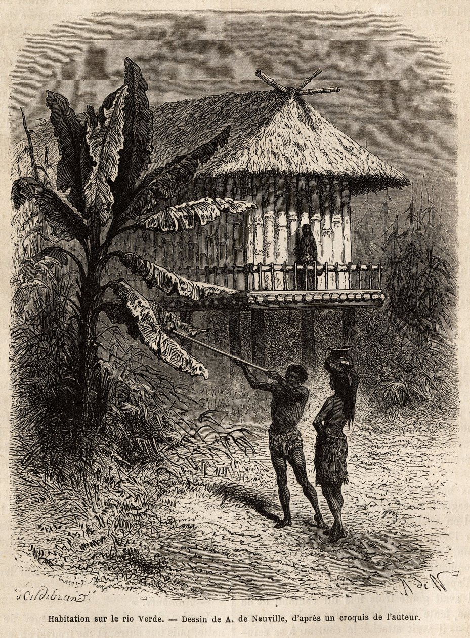 A couple of Indians from Rio Verde (Brazil) the man with his sarbacan, in front of a typical house on stilts. Engraving to illustrate the voyage to New Granada, by Dr. Saffray, in 1869, published in “” Le tour du monde””” 1873, edited by Edouard Charton, e 作者 未知艺术家