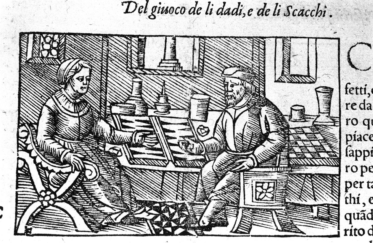 一对夫妇在玩骰子。 奥劳斯·马格努斯 (Olaus Magnus) 于 1560 年在罗马创作的《Historia de gentis septemtriionalis》之后的雕刻。 作者 未知艺术家