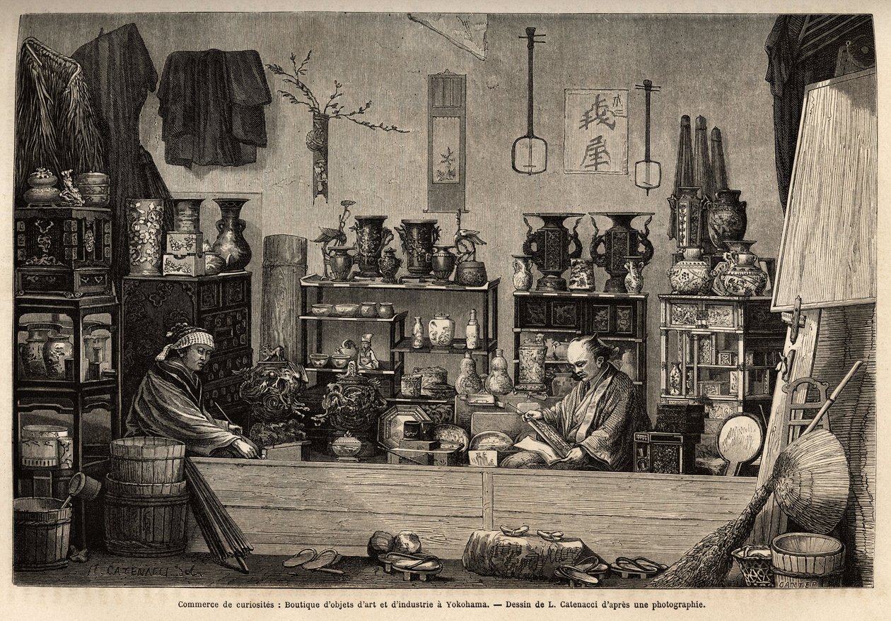 横滨的古玩店。 1863 年至 1864 年，瑞士联邦大臣艾米·亨伯特 (Aime Humbert) 为说明前往日本的航行而绘制的版画，发表于“世界之旅”(Le tour du monde) 1869 年，爱德华·查顿 (Edouard Charton) 编辑，巴黎阿歇特 (Hachette) 版。 塞尔瓦收藏 作者 未知艺术家