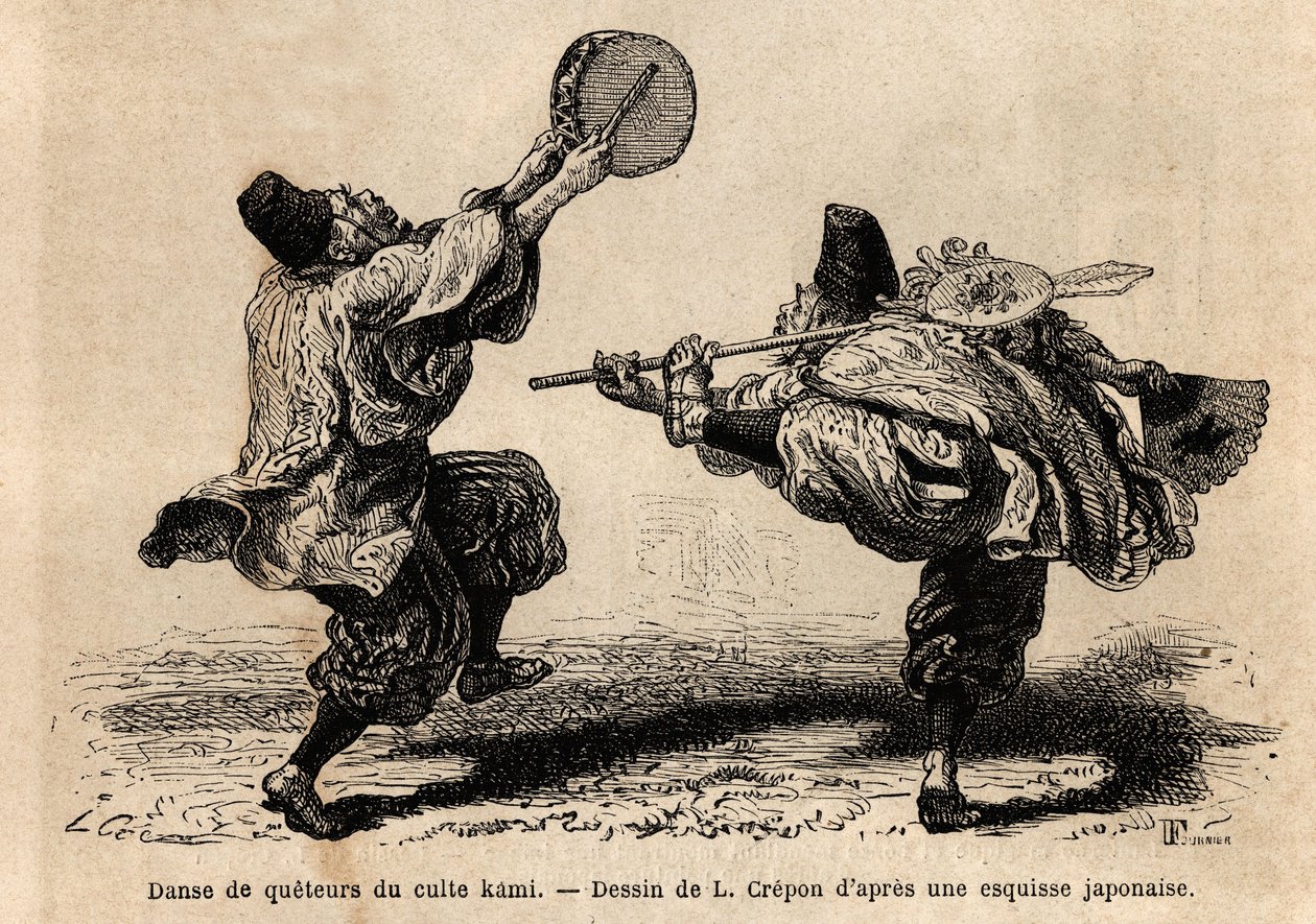 A dance of the confery of the Kami cult, with recitation of litanies and unexpected choreographic figures. Engraving to illustrate the journey to Japan, by Aime Humbert, minister of the Swiss Confederation, in 1863-1864, published in “” le tour du monde””, 作者 未知艺术家