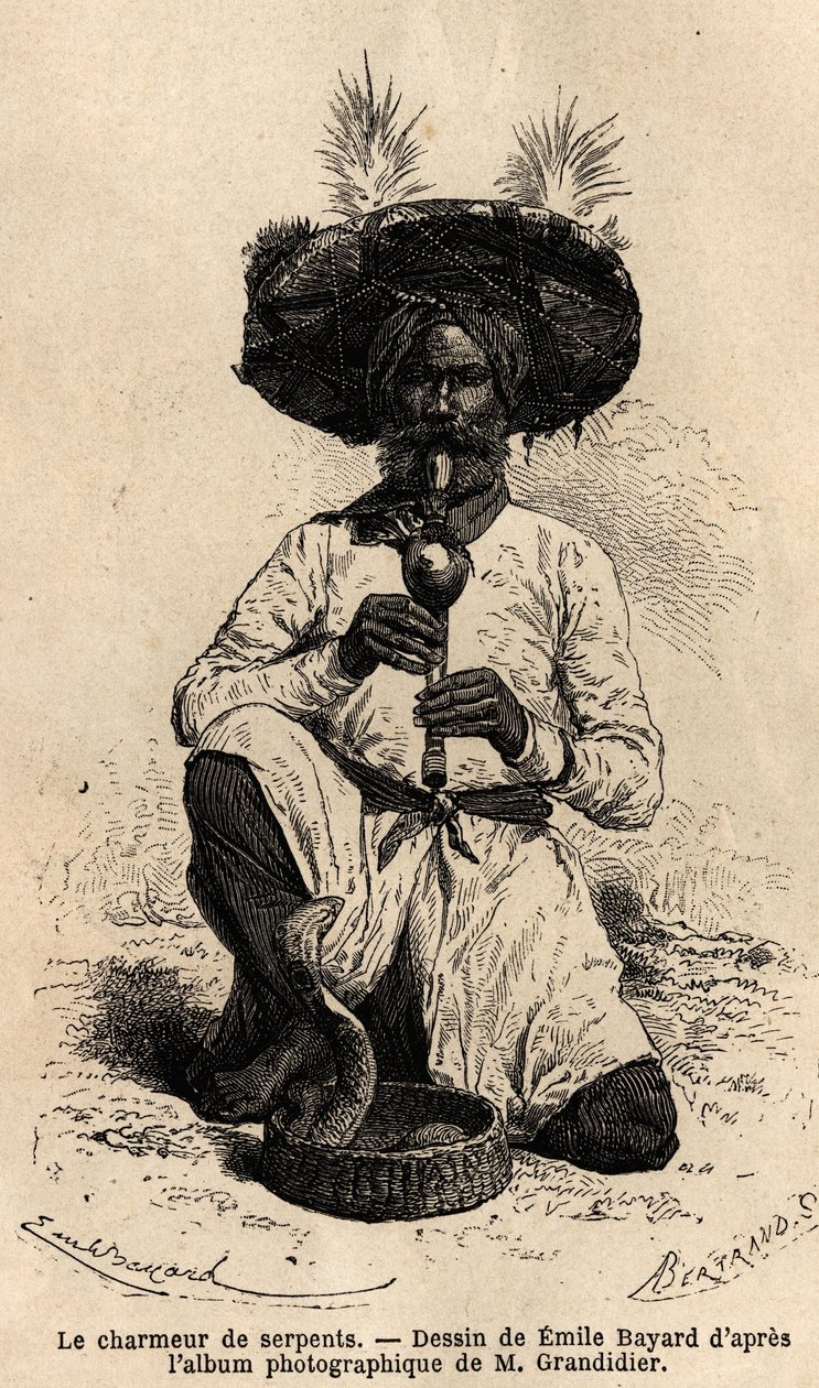 一个苦行僧，耍蛇人。 阿尔弗雷德·格兰迪埃 (Alfred Grandidier) 于 1862 年至 1864 年在“世界之旅”中发表的印度子午线省份航行的版画图，由巴黎阿歇特 (Hachette) 德爱德华·查顿 (D