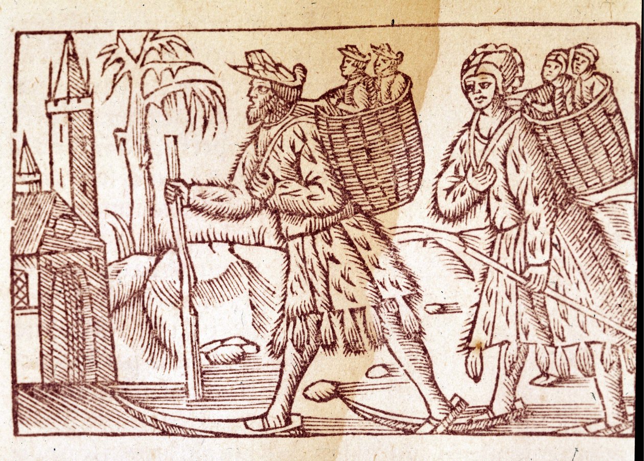 一个挪威人在滑雪板上旅行。 Olaus Magnus (1490 - 1557) 雕刻，瑞典宗教和地理学家，“Historia de Gentis Septentrionalibus”，威尼斯 作者 未知艺术家