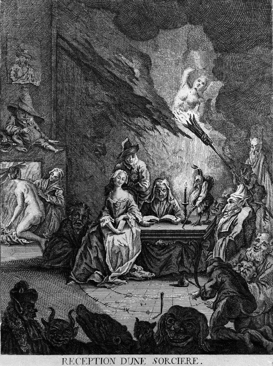 A girl is received by a witch, surrounded by monstrous creatures (at an initiation ceremony?). Engraving of the 17th century 作者 未知艺术家
