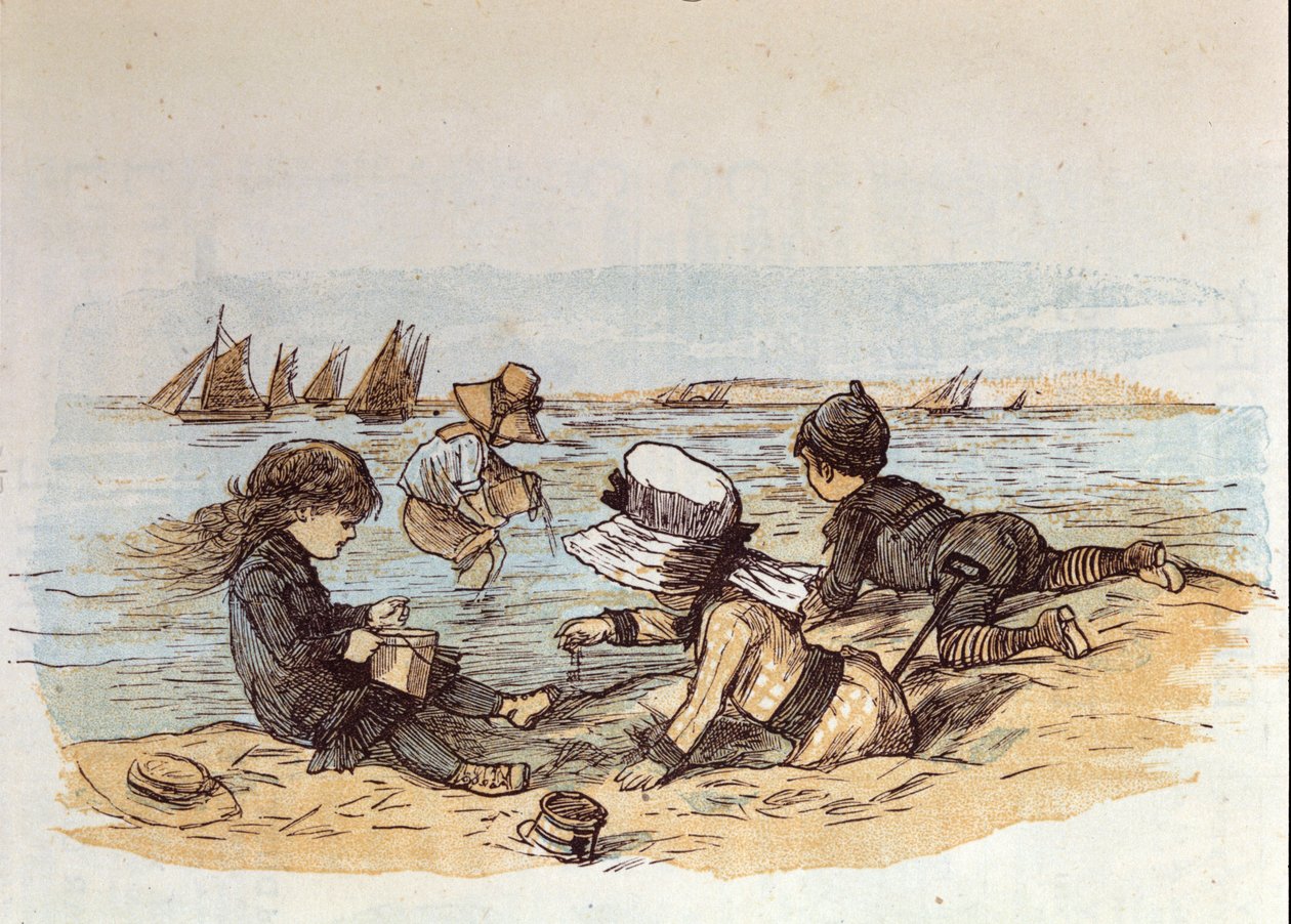 A group of children playing by the water on the sand. 1881 作者 未知艺术家