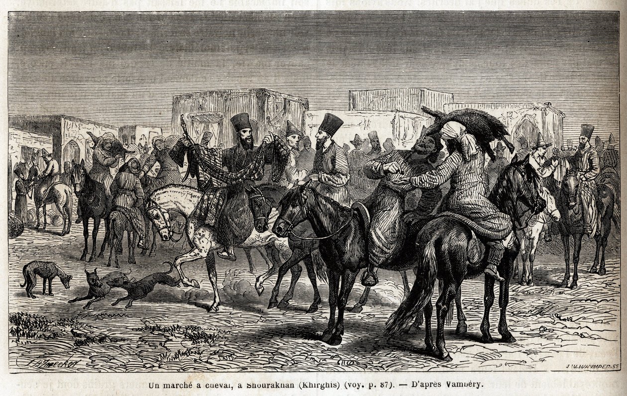 在舒拉罕（吉尔吉斯斯坦或吉尔吉斯斯坦）骑马。 埃米尔·贝亚德 (Emile Bayard，1837-1891 年) 的画作，说明 1863 年，阿米纽斯·万贝里 (Arminius Vambery)（伪装成苦行僧的匈牙利科学家）前往中亚的旅程。 版画《Le tour du monde》，江户编 作者 未知艺术家