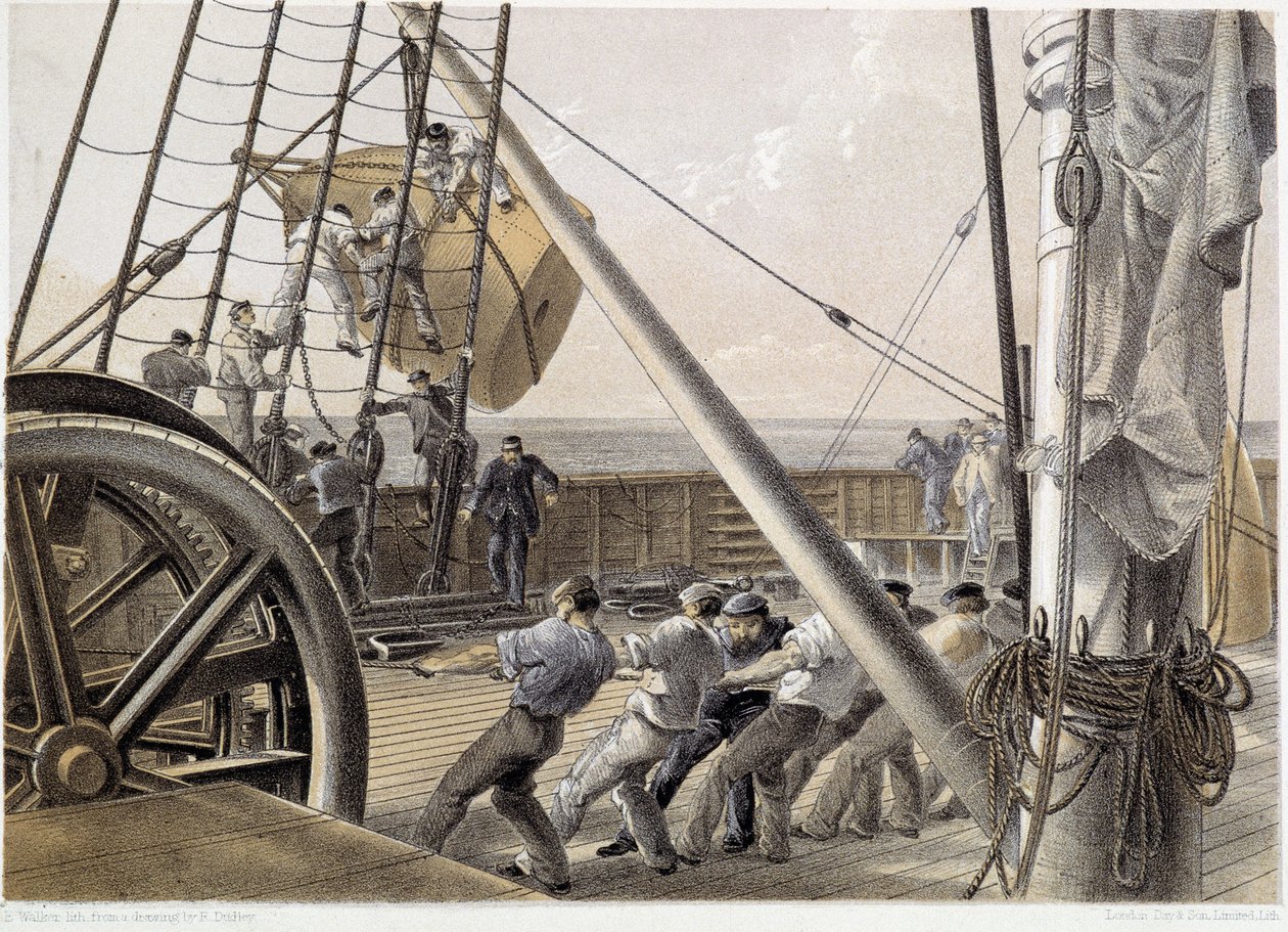 1858年8月2日画了一个巨大的点状浮标--载于W.H.Russel的《大西洋电报》，约1860年。 作者 未知艺术家
