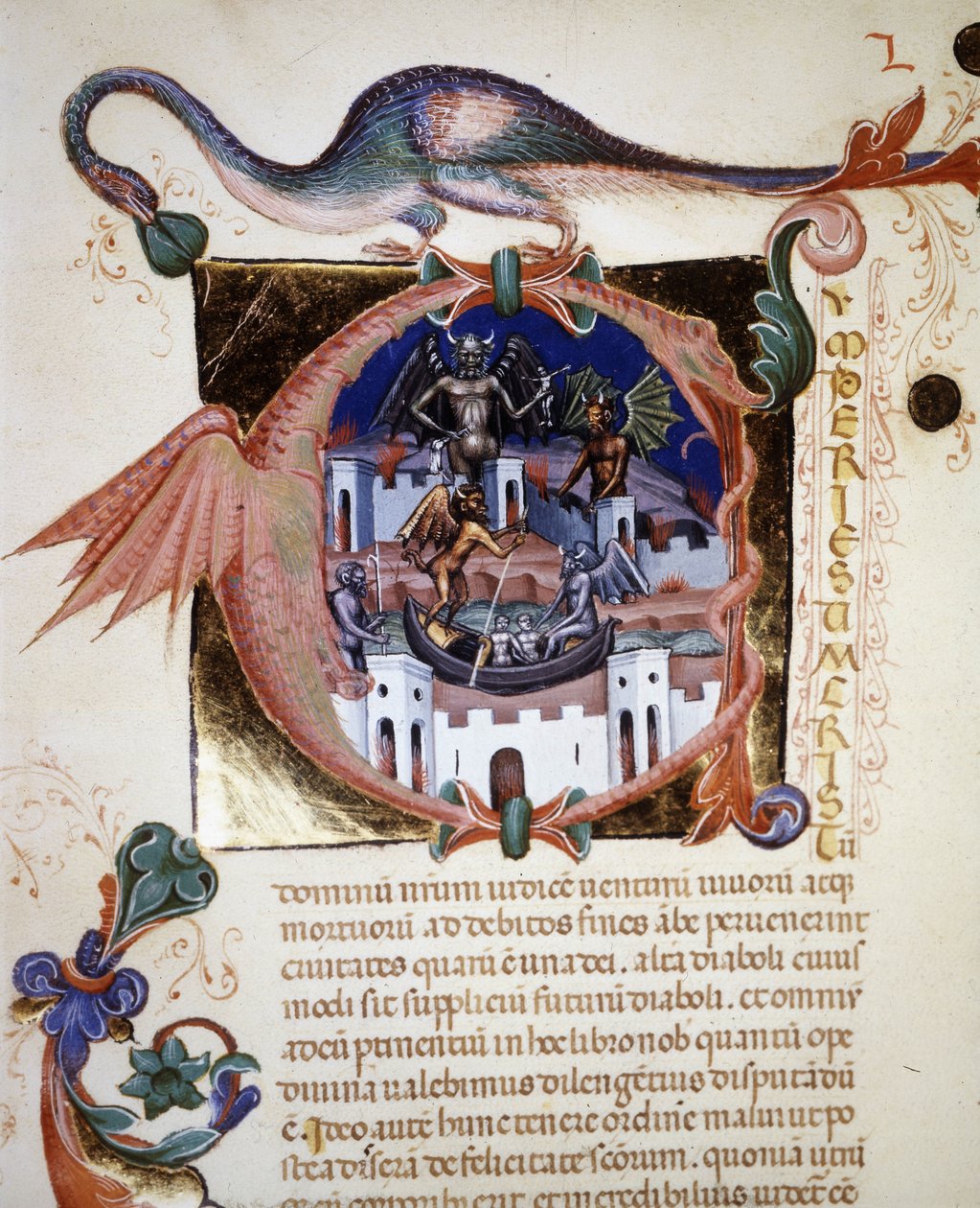 代表恶魔之城的微型“A”字母。 圣奥古斯丁的 14 世纪手稿“De Civitate Dei”。 里米尼公共图书馆 作者 未知艺术家