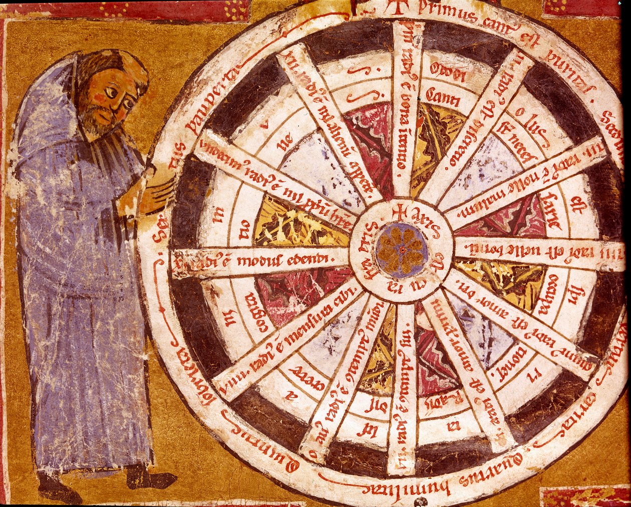 宗教生活之轮附近的修道士 Hugo de Sancto Victore（圣维克多的休）（约 1096-1141）“作品”的缩影（约 1096-1141 年），12 世纪，克雷莫纳，Biblioteca Governativa 作者 未知艺术家