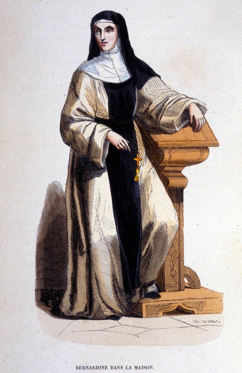 一位修女伯纳丁 (Bernardine)，是 12 世纪由圣伯纳 (Saint Bernard) 改革的圣本笃修会 (Order of Saint Benedict) 的成员。 19 世纪的雕刻。 作者 未知艺术家