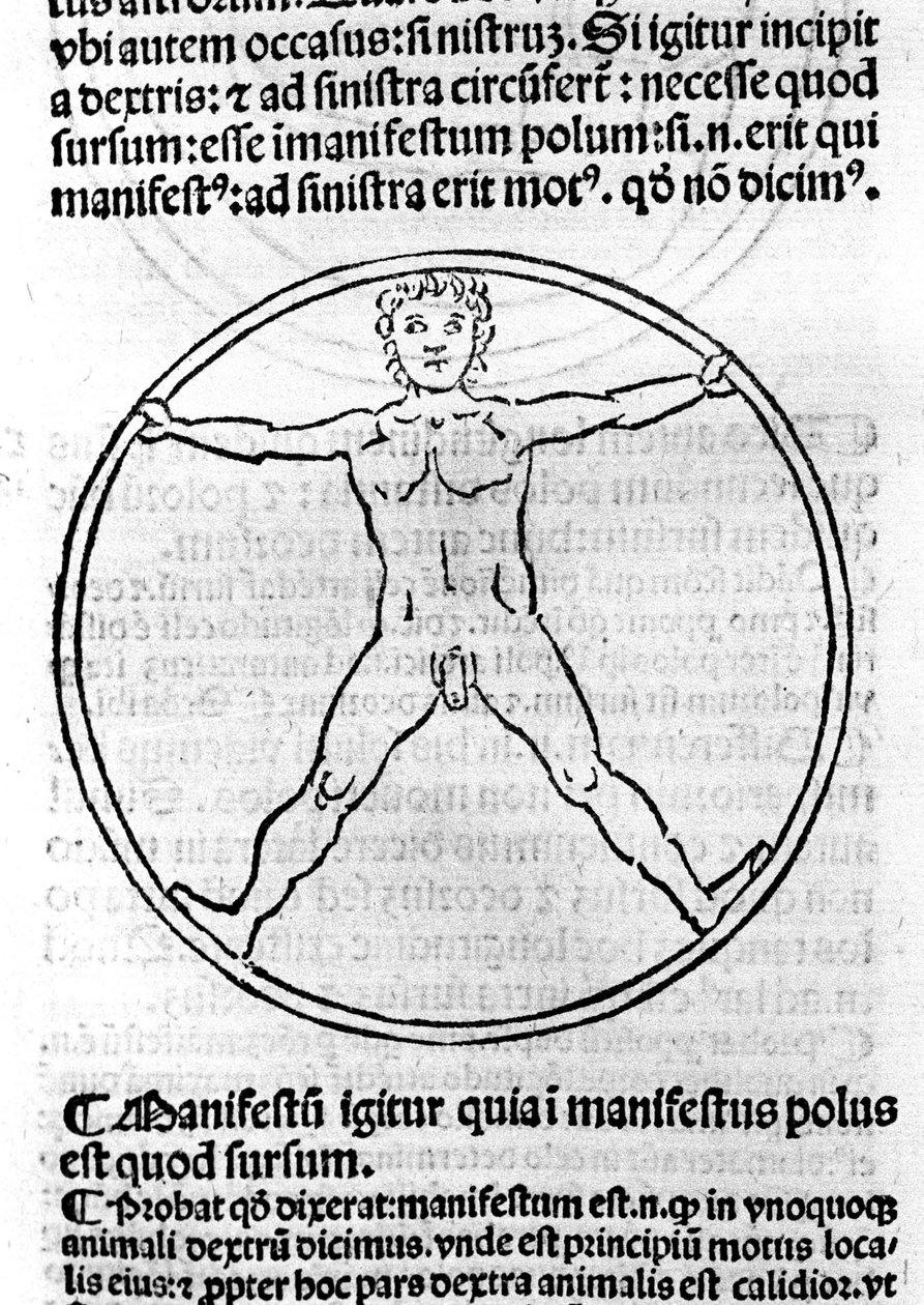 一页“穷人的哲学”，作者：St. 阿尔伯特大帝 (Albert Magnus = 1206 - 1280)。 描绘一个人围成一圈的插图。 布雷西亚, 1493 作者 未知艺术家