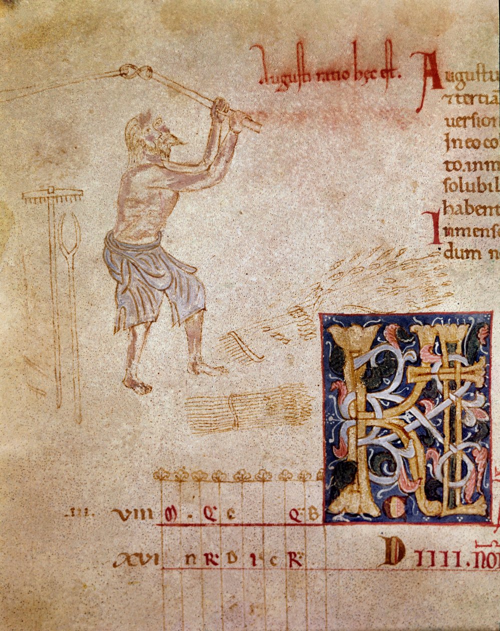 A peasant beating the wheat, month of August (mininature 作者 未知艺术家