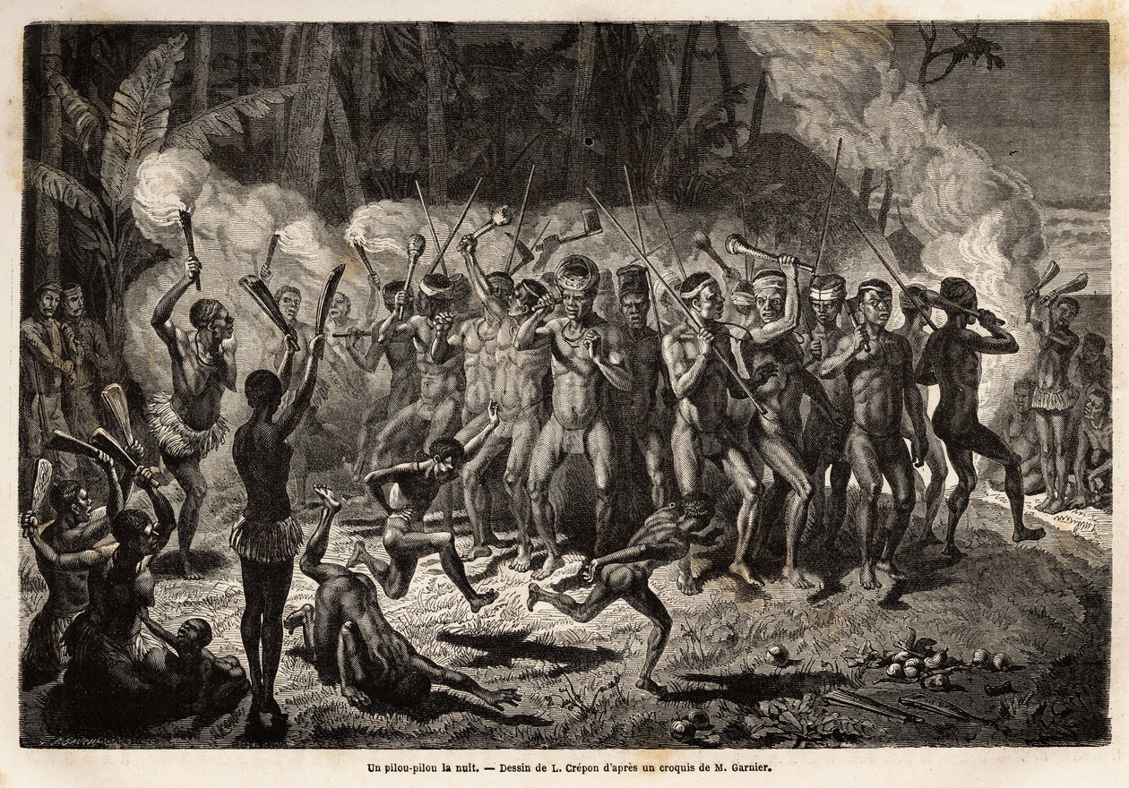 A pilou-pilou (or pill or pill) in the night, a traditional dance of kanak tribal ceremonies. Engravure pour illustrrer le voyage à la Nouvelle Caledonie, by Jules Garnier, civil engineer of mines, in 1863-1866, published in “Le tour du monde, nouveau jour 作者 未知艺术家