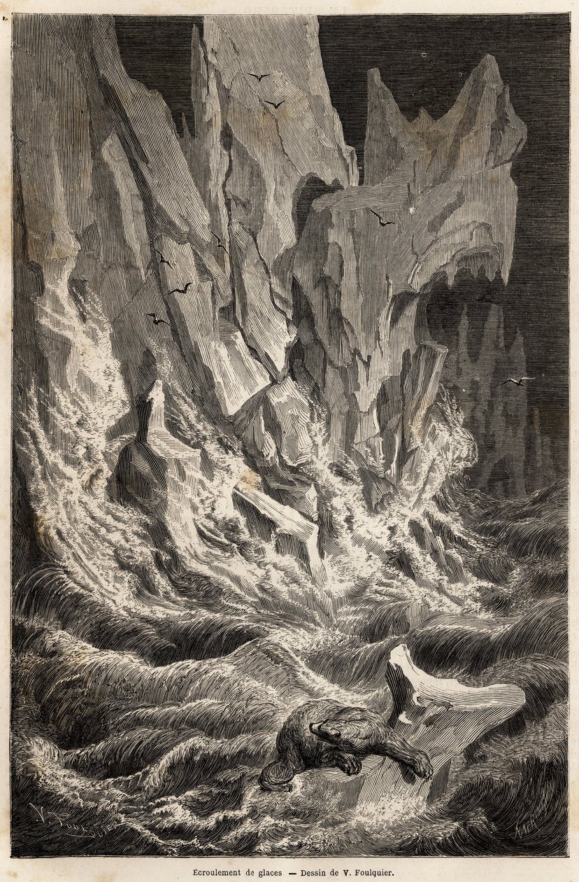 A polar bear derive on an iceberg, after the collapse of a block of ice from Spitzberg, an archipelago of the Arctic Ocean, drawing by V.Foulquier, to illustrate the Spitzberg in 1838-1839, by Charles Martins. Engraving in “” Le tour du monde””, edited by  作者 未知艺术家