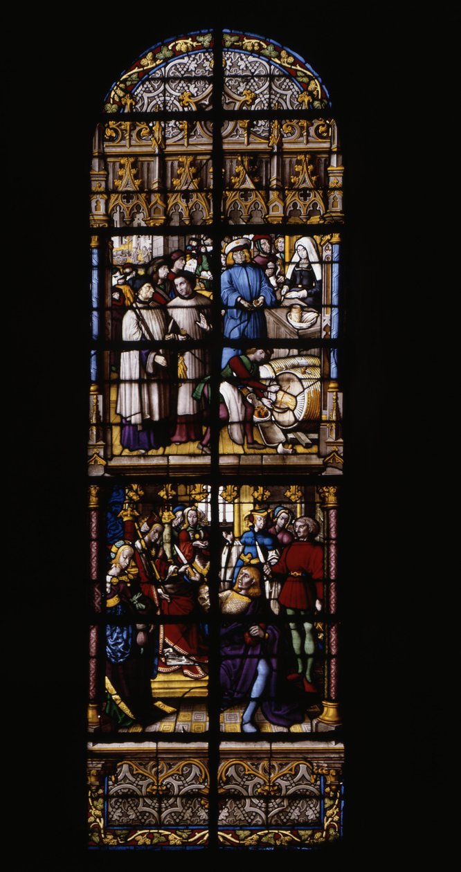 A royalty on the sale of wine, was and at the counter (top). At gold price, Fredegonde armed with a poisoned dagger two shekars of Therouanne (low). Stained glass at the Cathedrale de Tournai: Transept right (4). 作者 未知艺术家