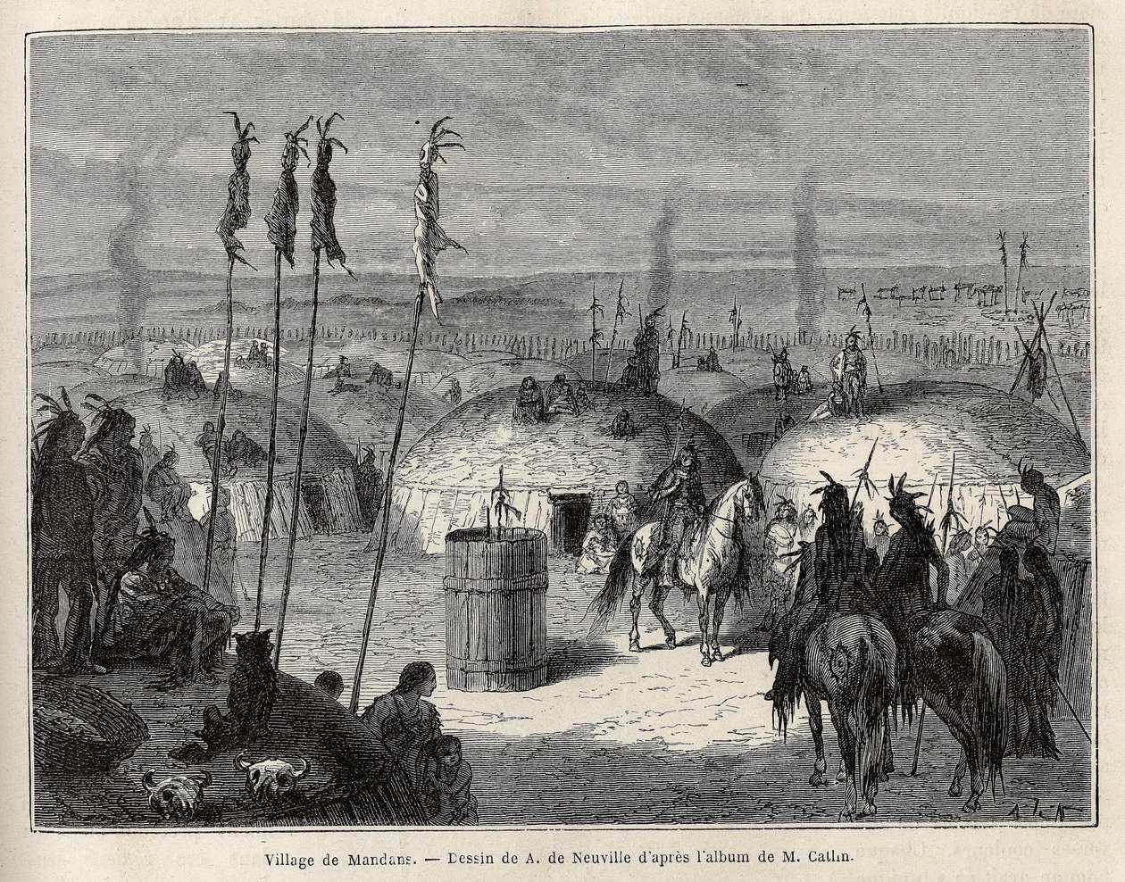A village of Mandans Indians (or noumah ka kie: pheasants) on the left bank of Missouri, 600 leagues from the city of Saint Louis. Engraving to illustrate an excursion among the Indian tribes of the basins of Colombia and Upper Missouri, by G. Catlin, in 1 作者 未知艺术家