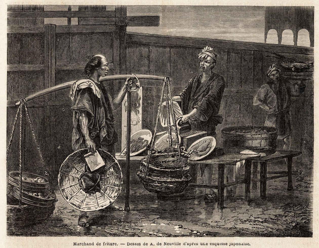 A walking frying merchant, carries his donuts on baskets, and travels to the market to sell, to the other merchants, lunch. Engraving to illustrate the voyage to Japan, in 1863-1864, by Aime Humbert, minister of the Swiss Confederation, in “Le tour du mond 作者 未知艺术家