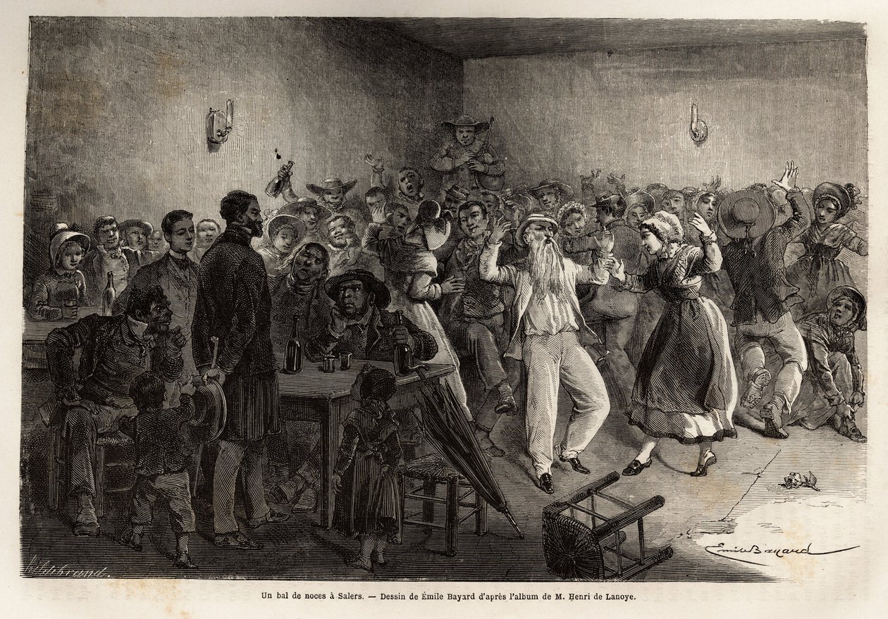 Salers 的婚礼舞会，雕刻说明 1864 年前往法国中部火山的旅程，在 Edouard Charton 指导下出版的“Le tour du monde, nouveau journal des voyages”中 作者 未知艺术家